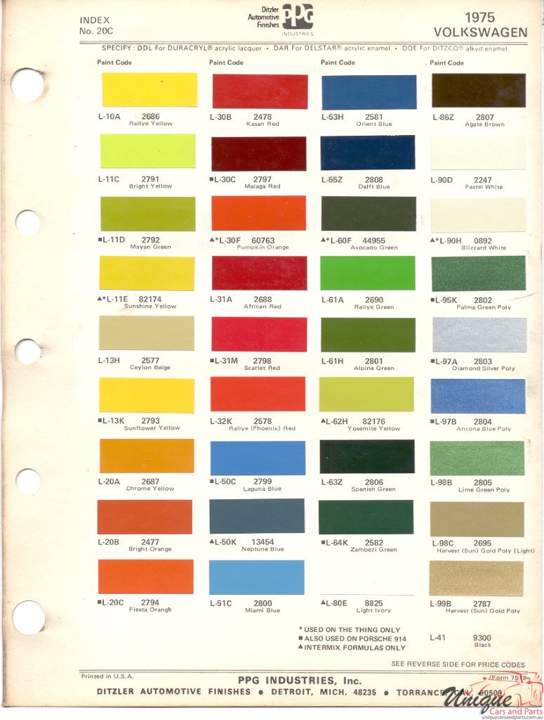 1975 Volkswagen Paint Charts PPG